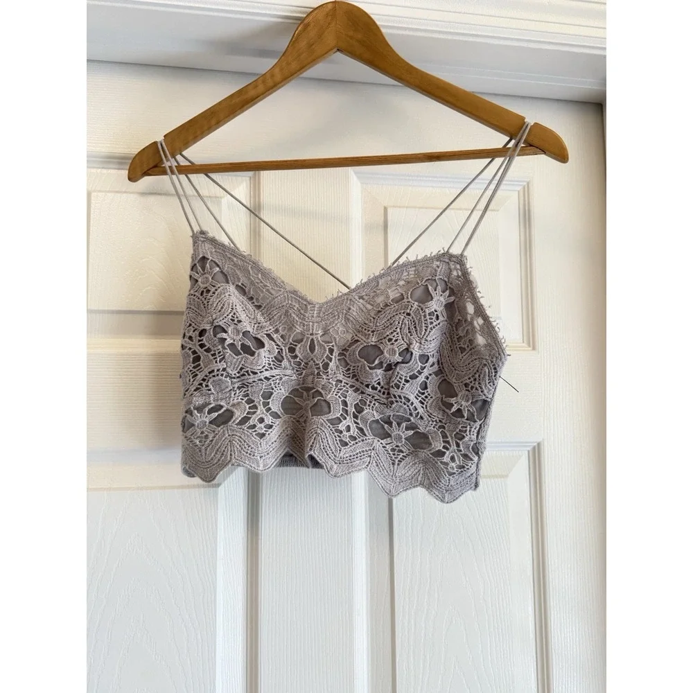 Free People FP One Adella Bralette Women Small Grey Lace Smocked Boho Cami Top